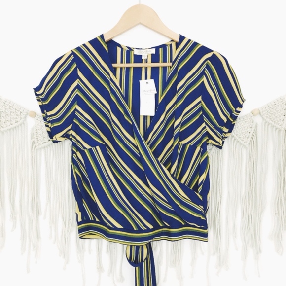 Ultra Flirt Tops - Stripe Tie Back Plunge Neck Faux Wrap Top A1